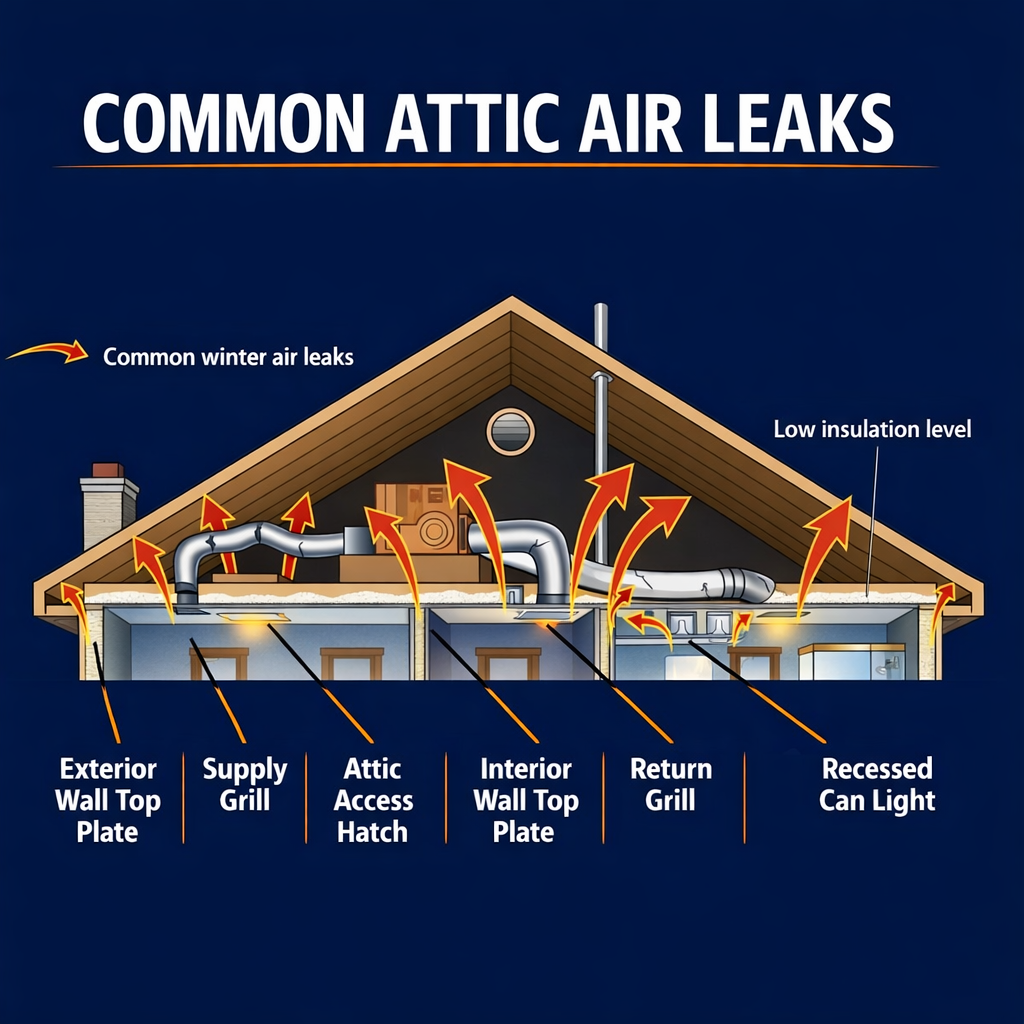 Common attic air leaks diagram: exterior wall top plate, supply grill, attic access hatch, interior wall top plate, return grill, recessed can lights