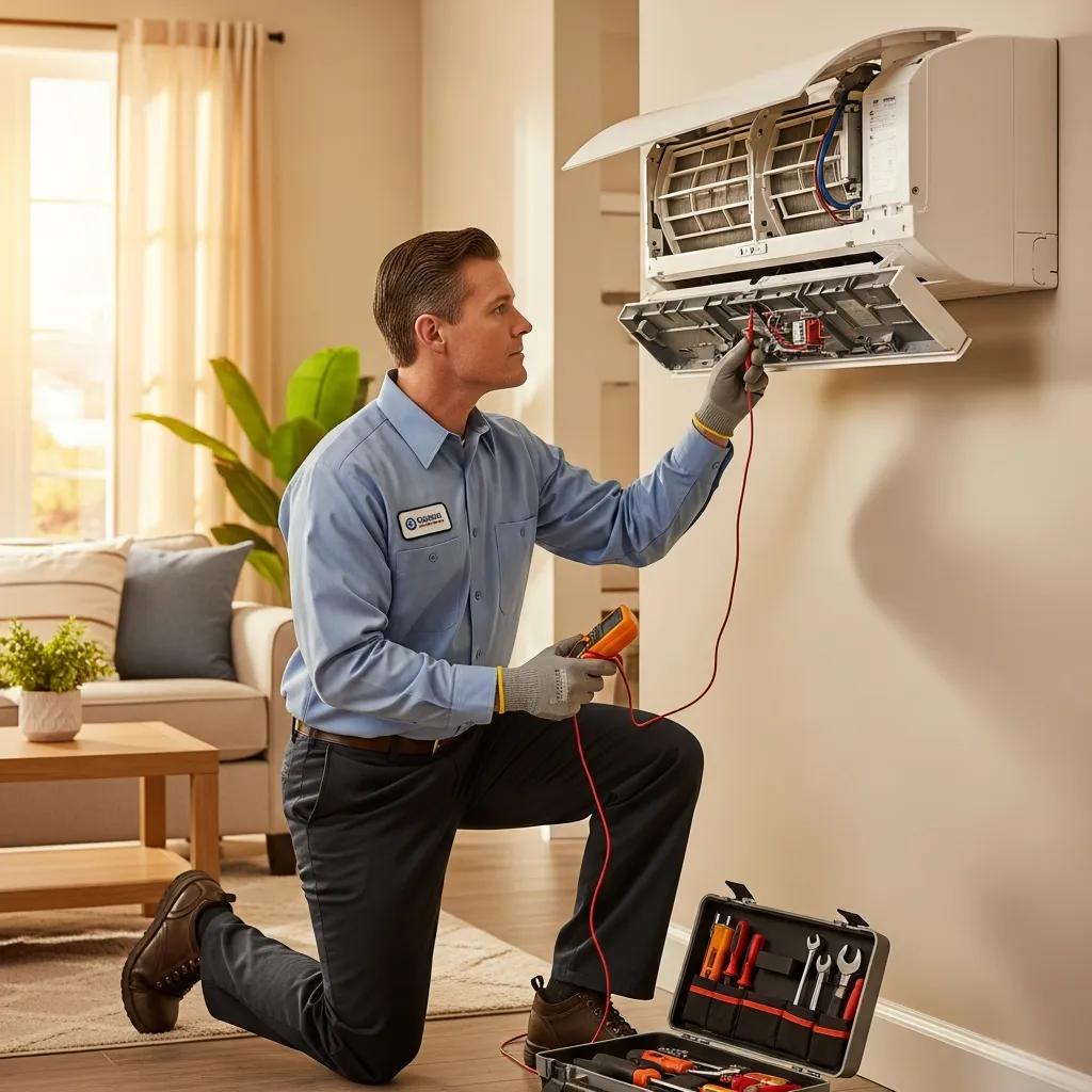 Professional technician inspecting an air conditioning unit in a modern home